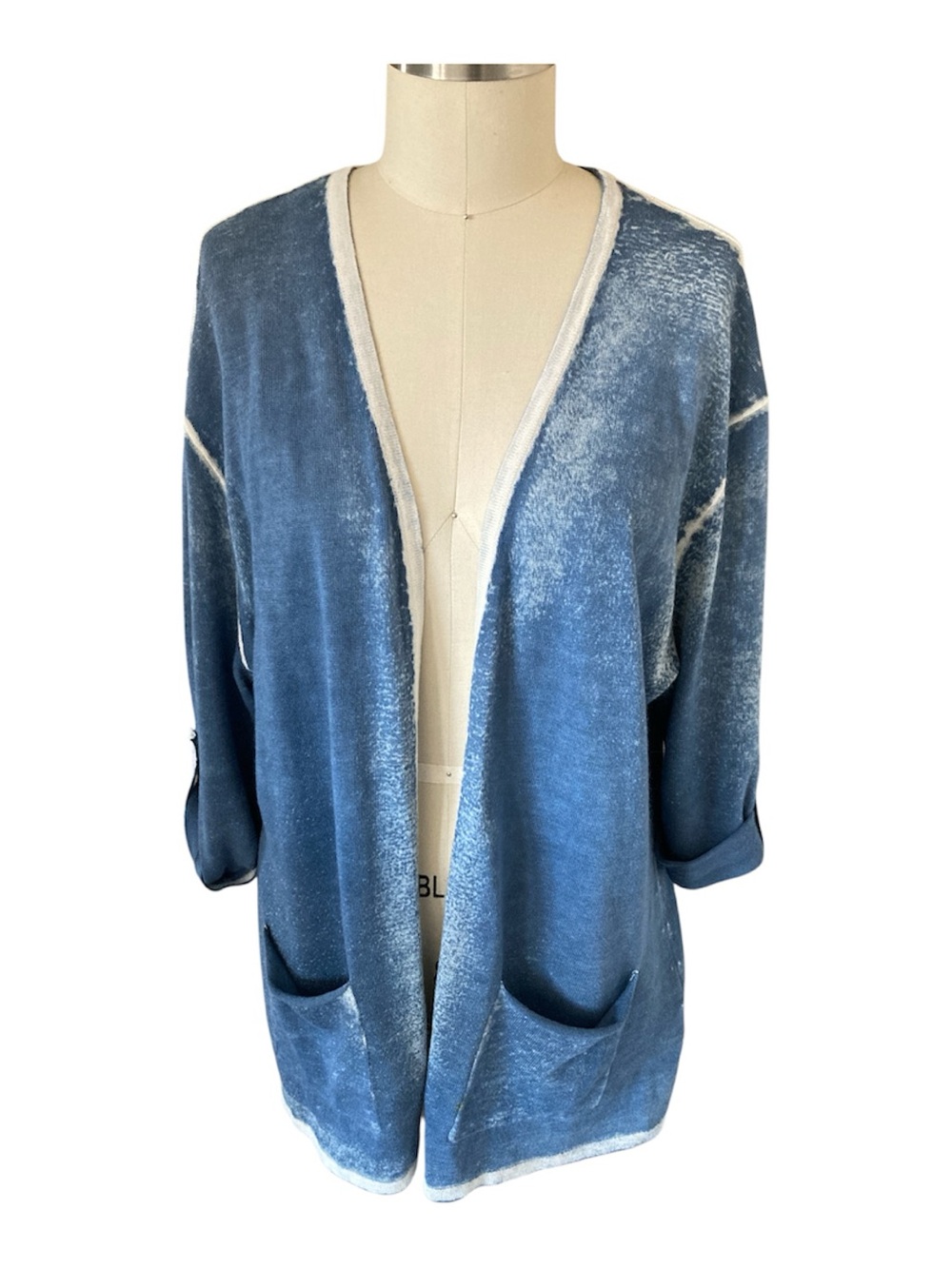 Faded Denim Look Blue Open-Front Knit Cardigan with Pockets